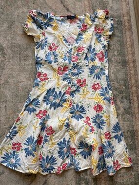 Ralph Lauren White Floral Button-Front Dress with Blue, Yellow & Pink Print